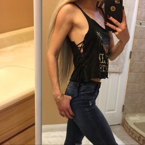 BLACK BOHO WILD NIGHTS CROPPED TEE TANK LACED SIDE